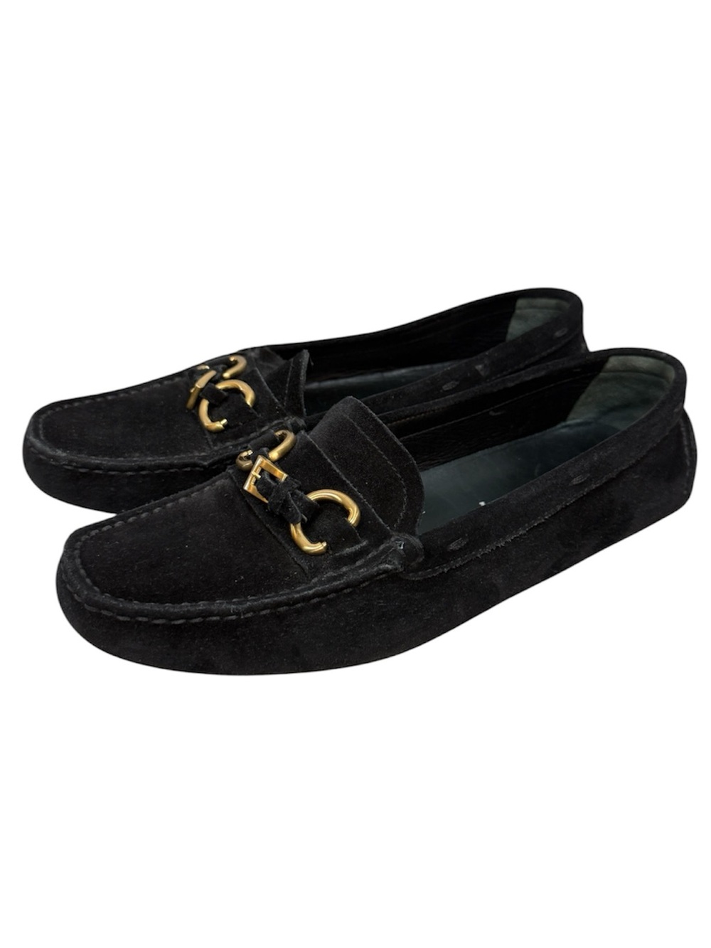 Prada Women's black suede gold horsebit driving loafers size 35 or US 5